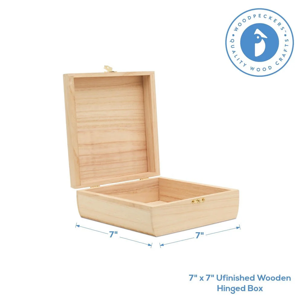 Unfinished Wooden Hinged Box, 7" x 7" - Image 4